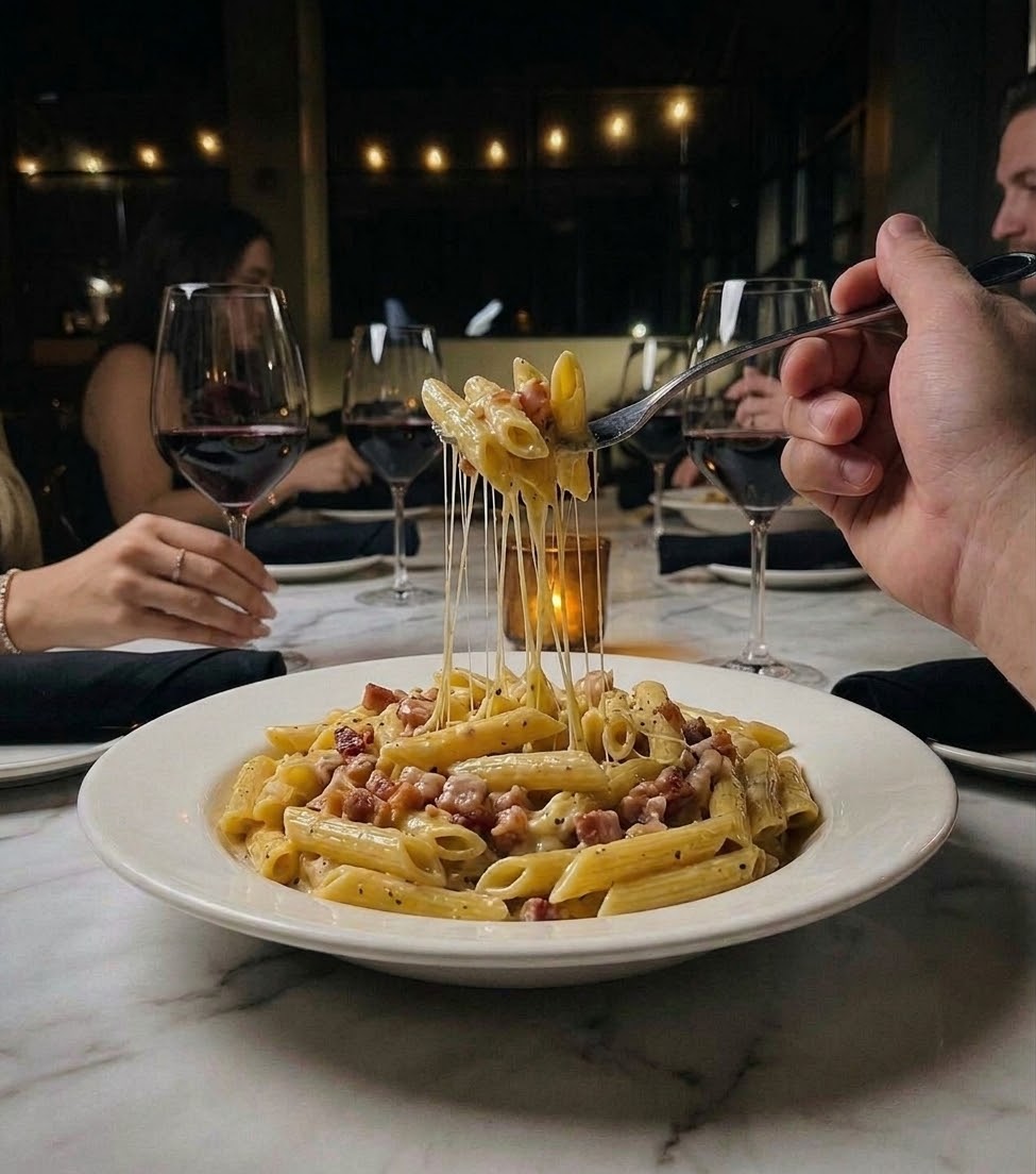 Pasta Carbonara with stringy cheese served at a table.